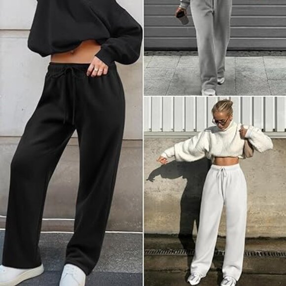 Y2K Fleece-Lined Wide Leg Sweatpants | Black High-Waist Straight Joggers - Picture 4 of 7